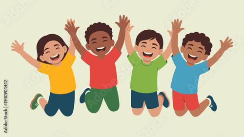 Happy diverse children jumping illustration
