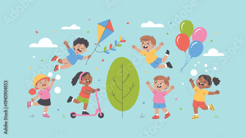 Happy Kids Play Outside Kite Balloons