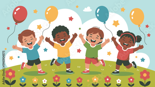 Happy kids playing park balloons