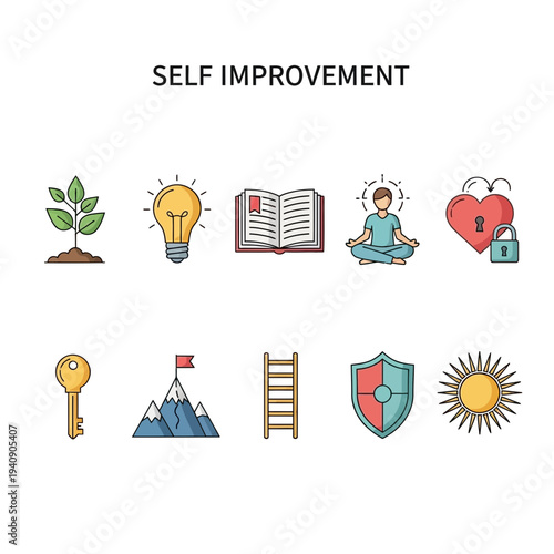 Ten linear icons illustrating selfimprovement concepts arranged in two rows