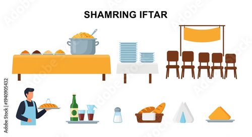 Flat graphic elements illustrating setup for a community Iftar meal with food seating and service items