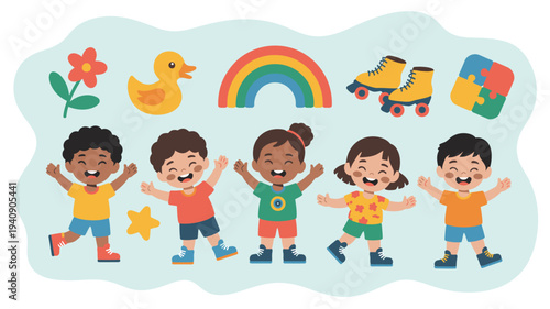 Happy children kids play toys