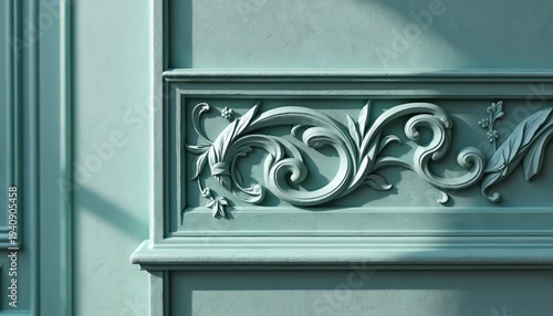 Textured teal wall panel features ornate bas-relief floral scrollwork. Elegant architectural detail with vintage charm. Recessed panels create depth. Soft shadows highlight sculpted forms.