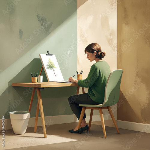 quiet moment of botanical focus as an artist sketches a leafy plant in warm morning light at a wooden desk