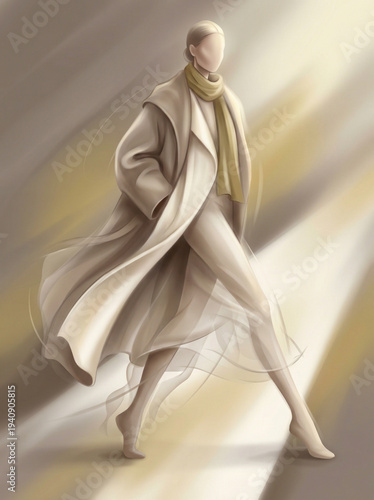 faceless figure in flowing neutrals, walking with effortless confidence as coat and scarf sweep through warm, shifting light