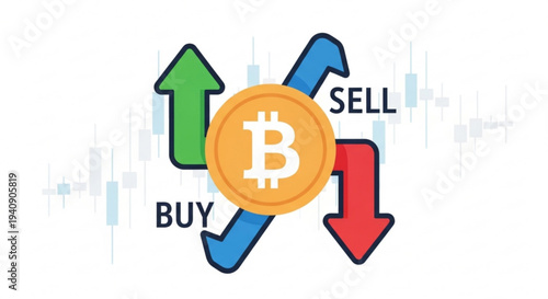 Bitcoin trading concept with buy and sell arrows on stock market chart background