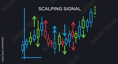 Colorful stock market chart with arrows on black background for trading analysis and scalping signals