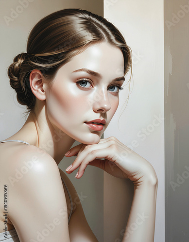 soft‑lit portrait of a serene young figure with pale skin, blue eyes, and a low bun, posed in quiet contemplation against a minimal, two‑tone backdrop