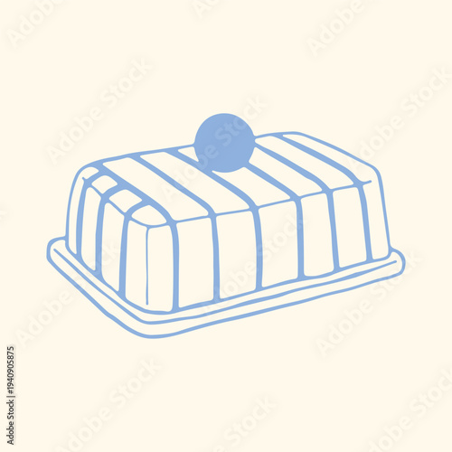 Hand drawn striped butter dish in minimalist blue line style. Cute kitchen vector illustration perfect for breakfast themes, bakery branding, cafe menus, packaging design and modern culinary graphics