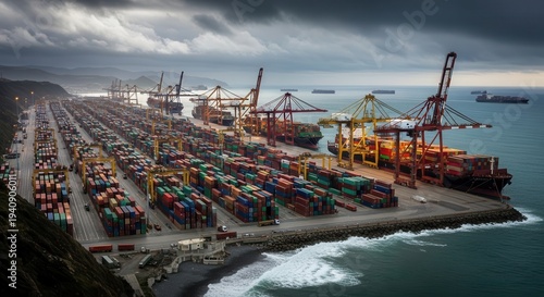 Aerial view of a bustling shipping port with colorful containers and cranes on a cloudy day