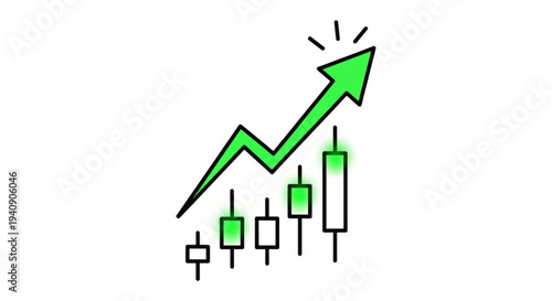 Green arrow graph showing upward stock market trend with candlestick chart on white background indicating growth and success in finance and trading