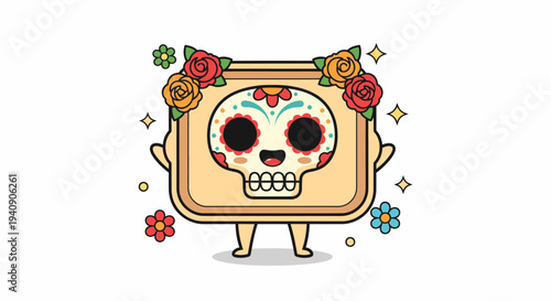 Sugar Skull Toaster Character With Floral Decoration.