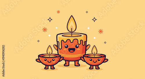 Three Diyas lit candles for Diwali celebration.
