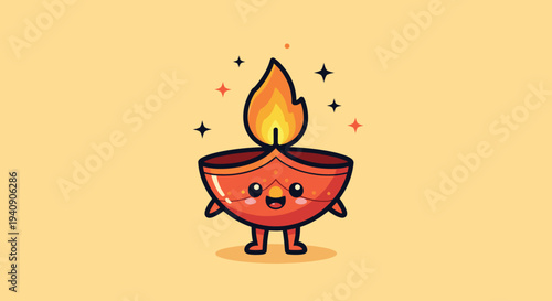 Whimsical Cartoon Diya Lamp with Friendly Flame.