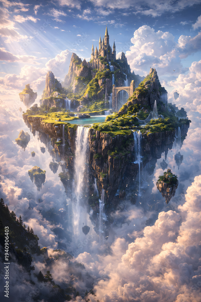 Obraz premium Fantasy Floating Island Castle Above Clouds with Waterfalls, Magical Sky Landscape and Dreamlike Kingdom