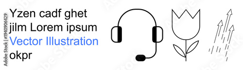 Communication tools, customer service, growth, floral symbols, progress, connectivity. Features a headset, tulip flower and ascending arrows. Communication tools and growth concepts
