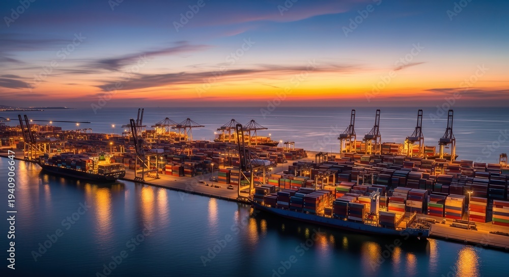 Fototapeta premium Aerial view of a bustling shipping port at sunset with cargo cranes and containers