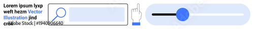 User interface design elements, digital interaction, website navigation, touch gestures, search functionality, settings adjustment. Search bar with magnifier icon, hand clicking motion, horizontal
