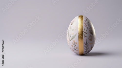 Elegant Easter egg with delicate floral pattern and golden ribbon on soft purple background for spring holiday celebrations and greeting cards.