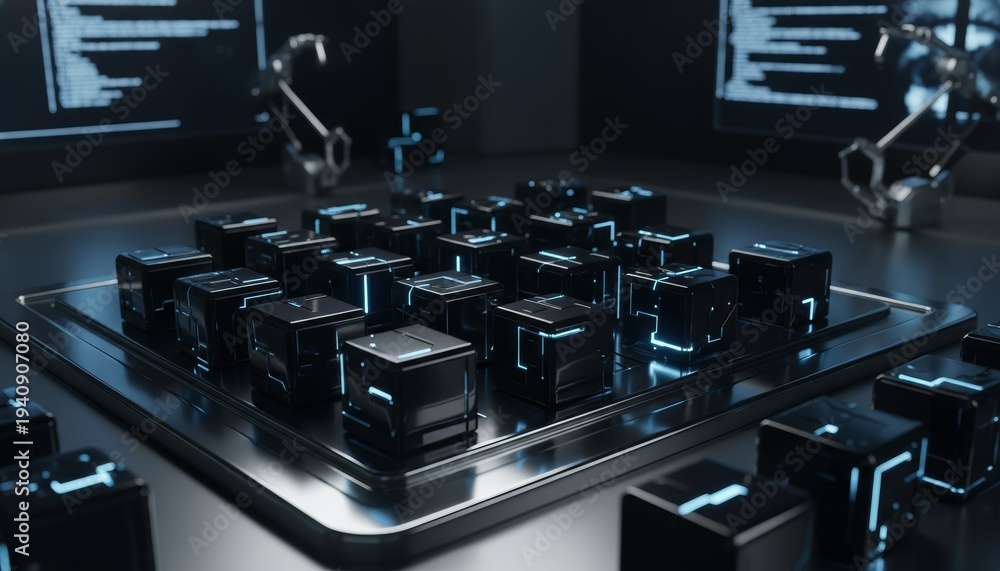 Obraz premium Futuristic Cubes With Blue Glowing Lights In A Cybernetic Environment Representing Data, AI, Or Quantum Computing Concepts
