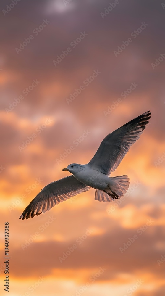 Fototapeta premium Seagull soaring through dramatic sunset sky with orange and purple clouds, wings spread wide in graceful flight, peaceful evening atmosphere.