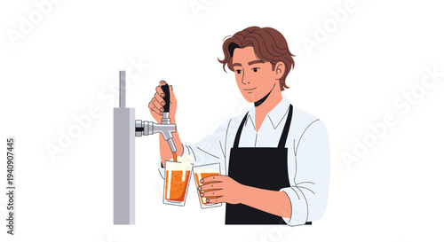 A cheerful male bartender in a white shirt and black apron expertly pours two glasses of golden beer from a simple tap.