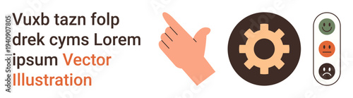Communication, workflow automation, user feedback, ratings, management, decision-making. Hand pointing right, cogwheel and feedback icons with happy faces. Communication and workflow automation