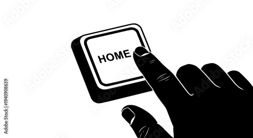Home button on a computer keyboard being pressed by a human finger. This minimalist black and white vector illustration depicts digital navigation, web browsing, and internet control.