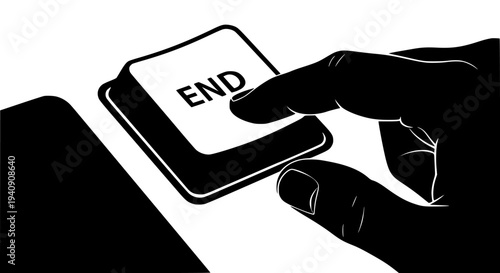 Black and white graphic illustration depicting a human finger pressing a computer keyboard key labeled END, symbolizing finality, completion, or stopping a process against a minimalist white backgroun