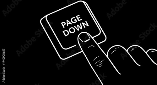 Finger pressing 'Page Down' key on a minimalist keyboard illustration, set against a black background. This graphic design element symbolizes digital navigation, scrolling online content.