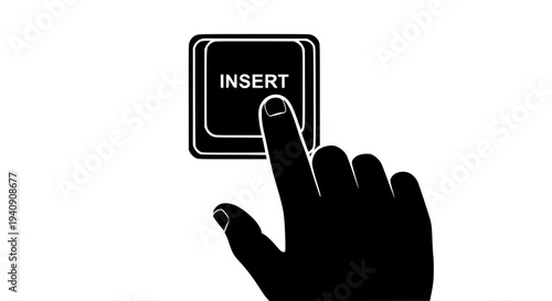 Hand pressing the 'INSERT' key on a computer keyboard button. This minimalist black and white vector illustration symbolizes data input, content creation, information addition, digital placement.