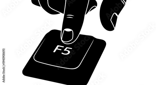 Hand pressing F5 key on a computer keyboard, illustrating a digital refresh or reload action. This vector graphic represents updating web browsers, software, or online content. 