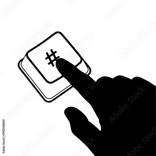 Silhouette of a finger pressing down firmly on a keyboard key displaying the pound symbol or number sign for social media marketing, digital communication, and online trending topics concepts.
