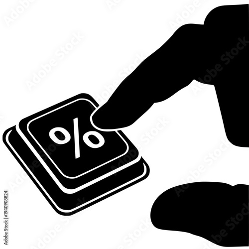 Silhouette of a human finger pressing down on a stack of square buttons featuring the percentage symbol for financial promotion or discount calculation concept.