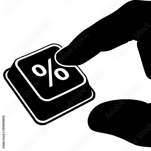 Silhouette illustration showing a finger pressing the percentage symbol key on a keyboard or calculator button representing discount rates, financial calculations, or special offers.