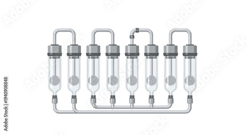 A series of seven transparent filtration units, each with a perforated internal mesh, are connected by grey pipes on a white background.