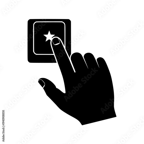 Silhouetted hand finger precisely pressing a dark square keyboard key featuring a white five pointed star icon against a clean white background, symbolizing selection or bookmarking.