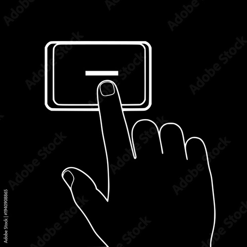 Finger pressing minus button symbol on a digital interface screen representing reduction, subtraction, decrease, negative value, zoom out, or minimizing application window function in simple graphic .