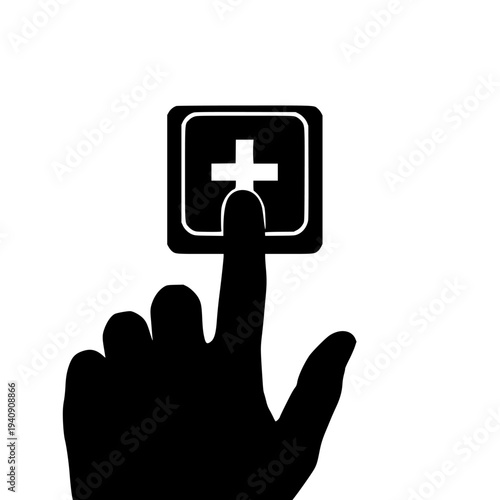 Silhouette of a human finger pressing a glowing white cross icon on a black square button representing addition, healthcare, or emergency service activation in digital interface design.