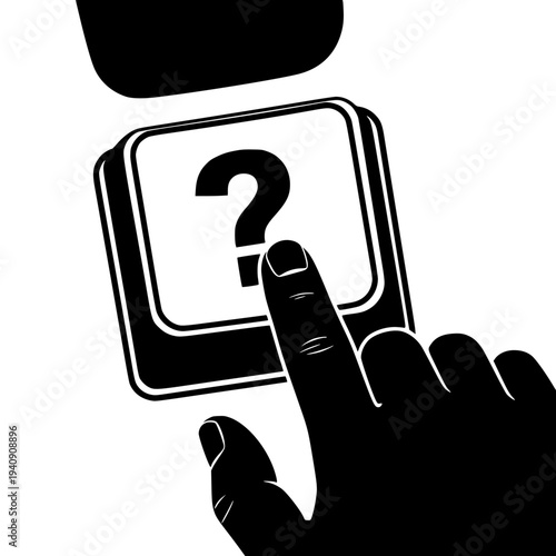 Black silhouette of a human finger pointing directly at and about to press a large illuminated question mark icon key on a digital interface representing support or confusion.