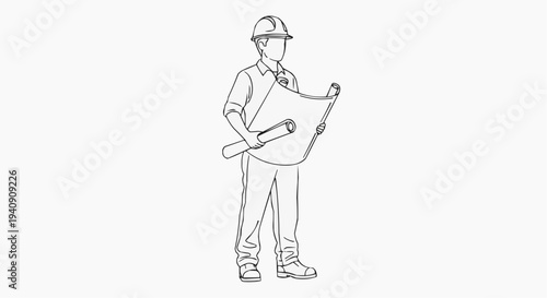 A line art illustration of a construction worker holding blueprints and a tool.