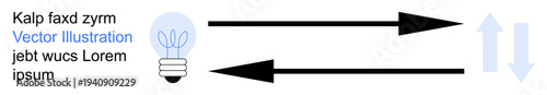 Innovation, flow process, communication, creative thinking, information exchange, decision-making. Light bulb with black directional arrows and placeholder text. Innovation and flow process concepts