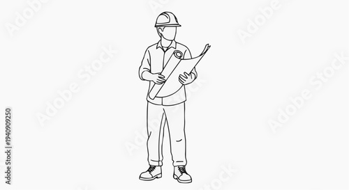 A minimalist line art illustration of a construction worker holding blueprints and wearing a hard hat