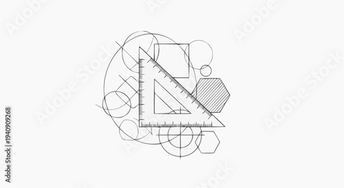 A minimalist vector graphic illustration of geometric shapes and drafting tools