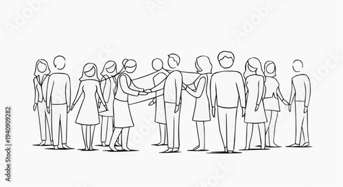 A minimalist line art illustration of a diverse group of people holding hands in a circle