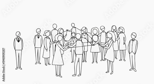 A minimalist line art illustration of a group of people connected by lines with one person standing alone