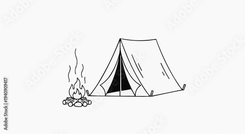 A minimalist line art illustration of a tent and campfire in a simple design