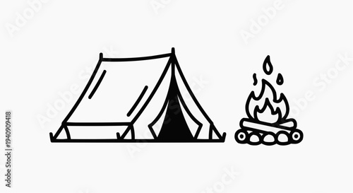 A minimalist vector illustration of a tent and campfire in a simple black line art style