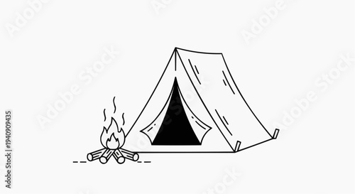 A minimalist line art illustration of a tent with a campfire
