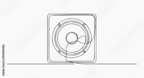 A minimalist line art illustration of a subwoofer speaker in a simple design style